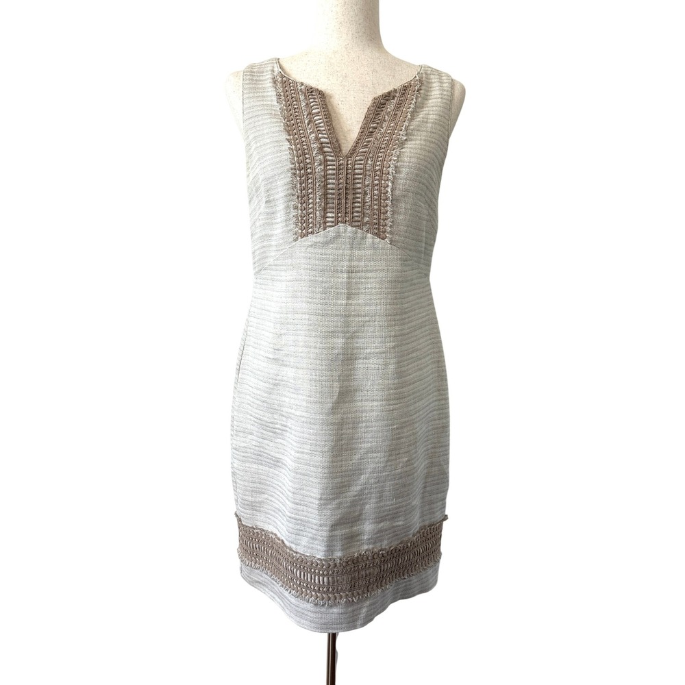 White House Black Market Linen Blend Sheath Dress 6 Embroidered Quiet Luxury‎